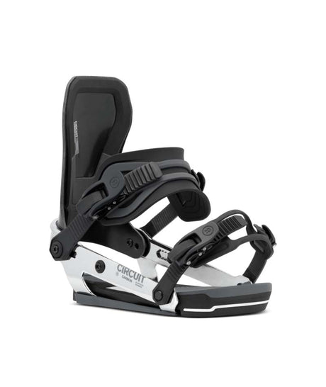 CircuitCarbon- Black and chrome snowboard binding on a white background