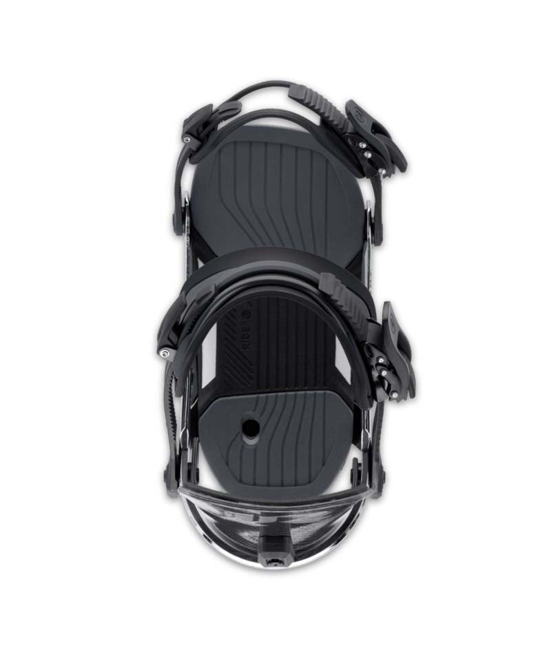 CircuitCarbon- Black and chrome snowboard binding on a white background