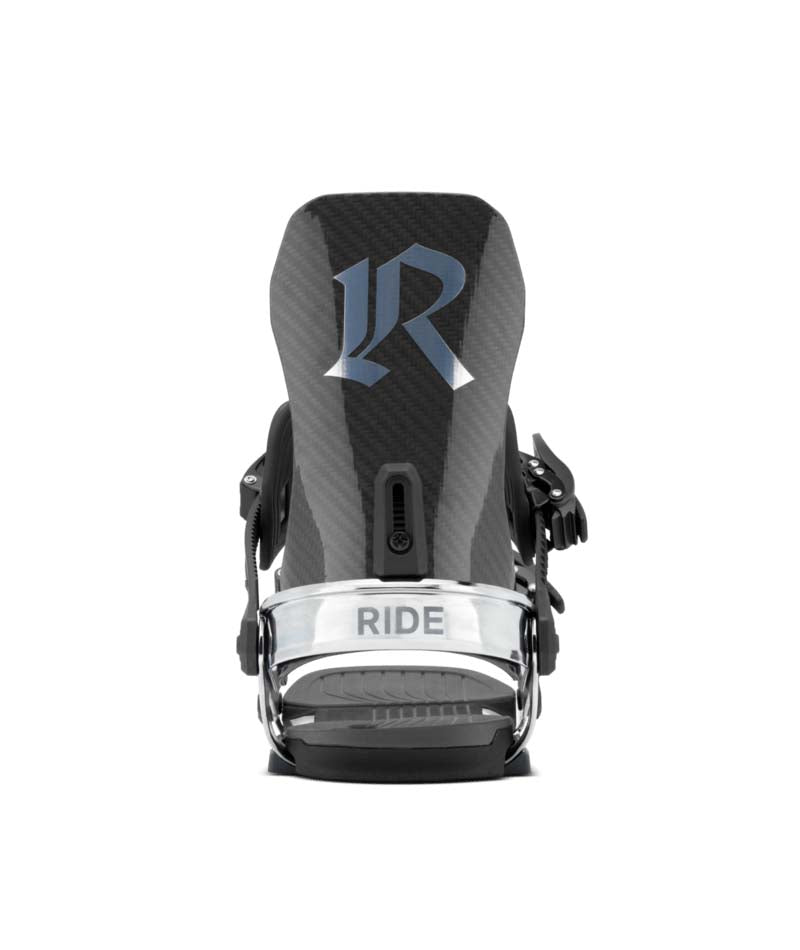 CircuitCarbon- Black and chrome snowboard binding on a white background