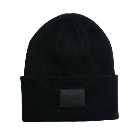 CoalCashmereKnitCuffBeanie-Black beanie with a patch on a white background