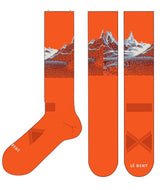 CodyTownsendProSeriesZeroCushionSnowSock-Orange socks with mountain design and 'LE BENT' branding on a white background