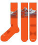 CodyTownsendProSeriesZeroCushionSnowSock-Orange socks with mountain design and 'LE BENT' branding on a white background