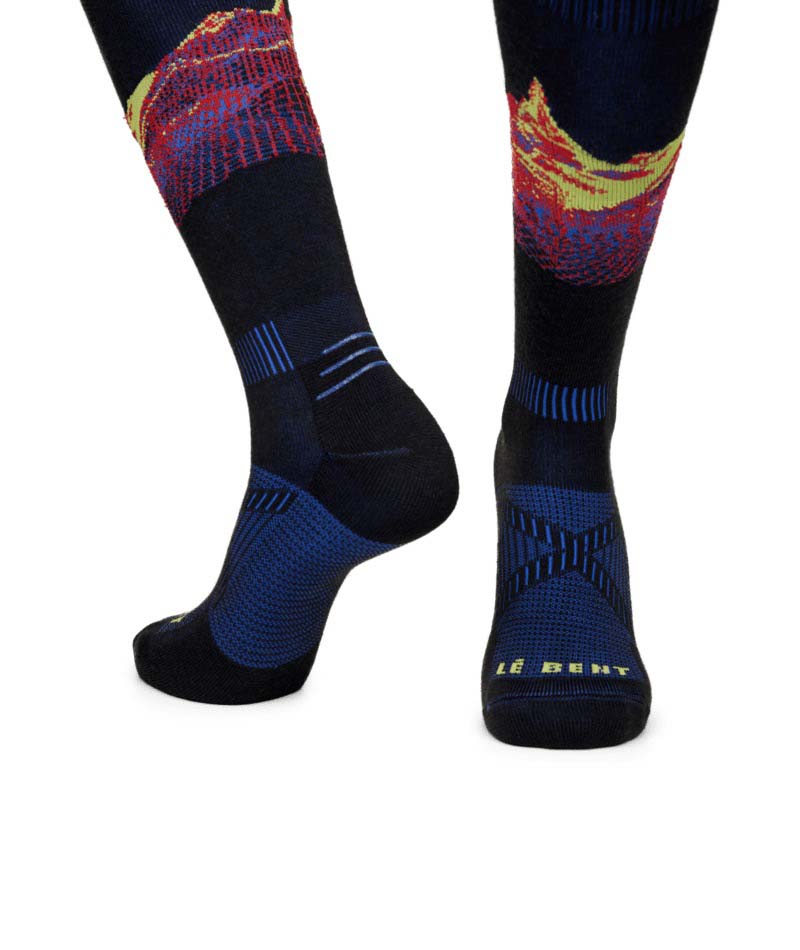 CodyTownsendProSeriesZeroCushionSnowSock-Pair of blue and black socks with colorful pattern on a white background