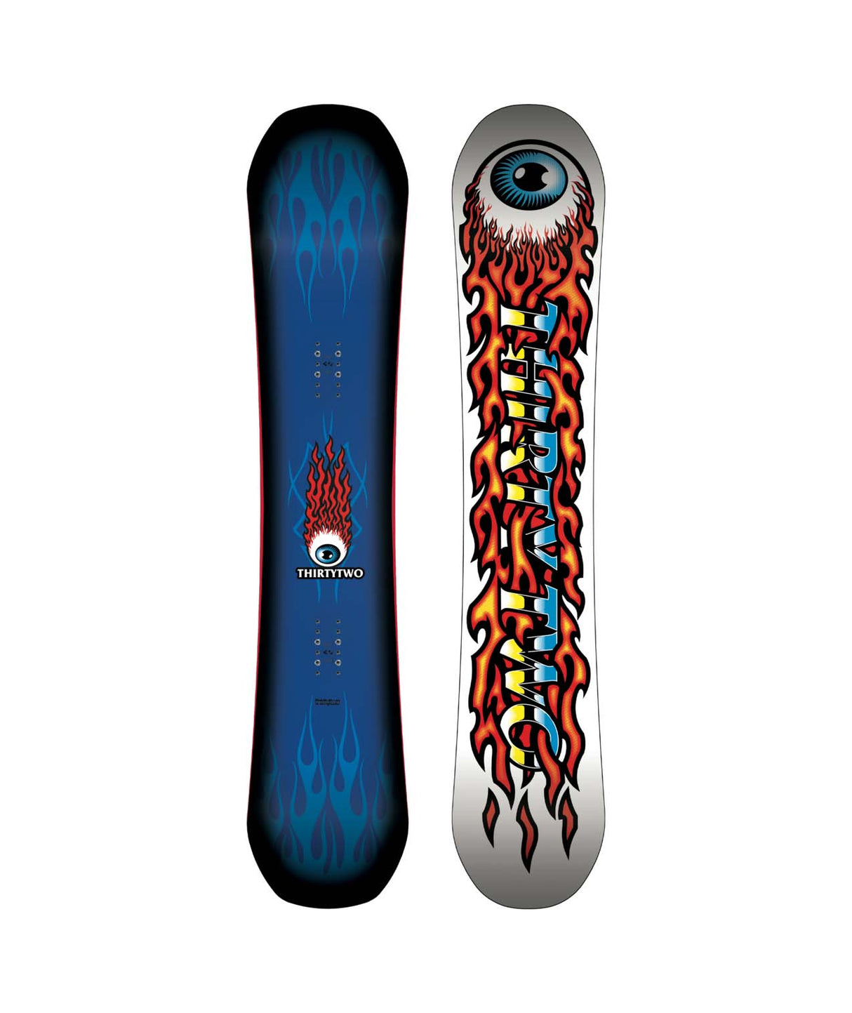 ColdWorld-Two views of a snowboard with flame and eye design on a white background