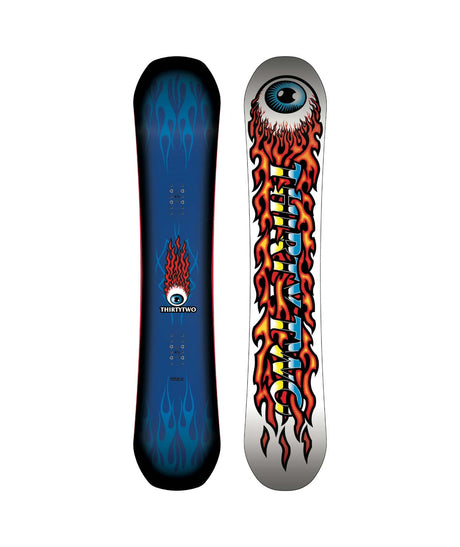ColdWorld-Two views of a snowboard with flame and eye design on a white background