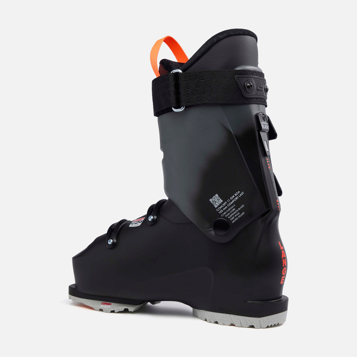 Concept11HVBOA- Black and orange ski boot on a white background