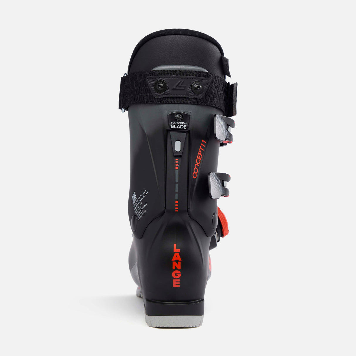 Concept11HVBOA- Black and orange ski boot on a white background
