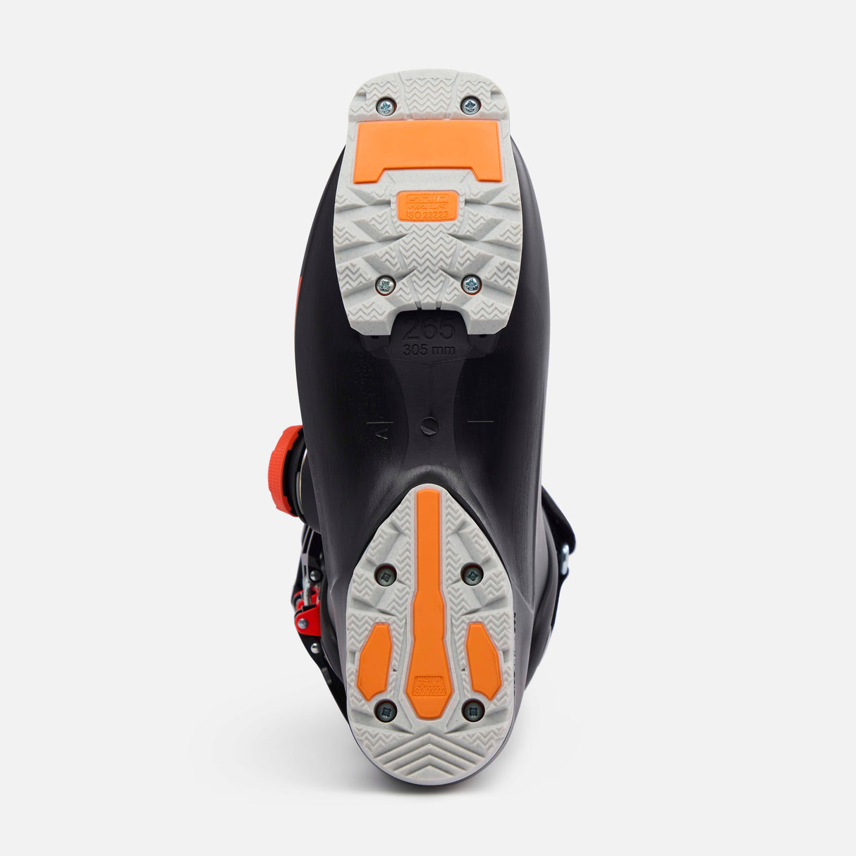 Concept11HVBOA- Black and orange ski boot on a white background