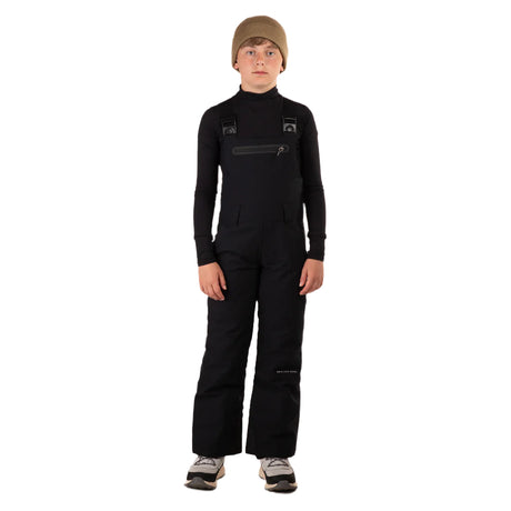 CooperBib-Person wearing a black snowsuit and beige beanie on a white background