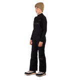 CooperBib-Person wearing a black snowsuit and beige beanie on a white background