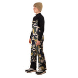 CooperBib-Child wearing camouflage bib overalls on a white background