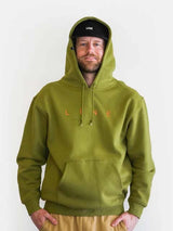 CorpoHoodie-Person wearing a green hoodie with 'LINE' branding on a white background