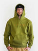 CorpoHoodie-Person wearing a green hoodie with 'LINE' branding on a white background
