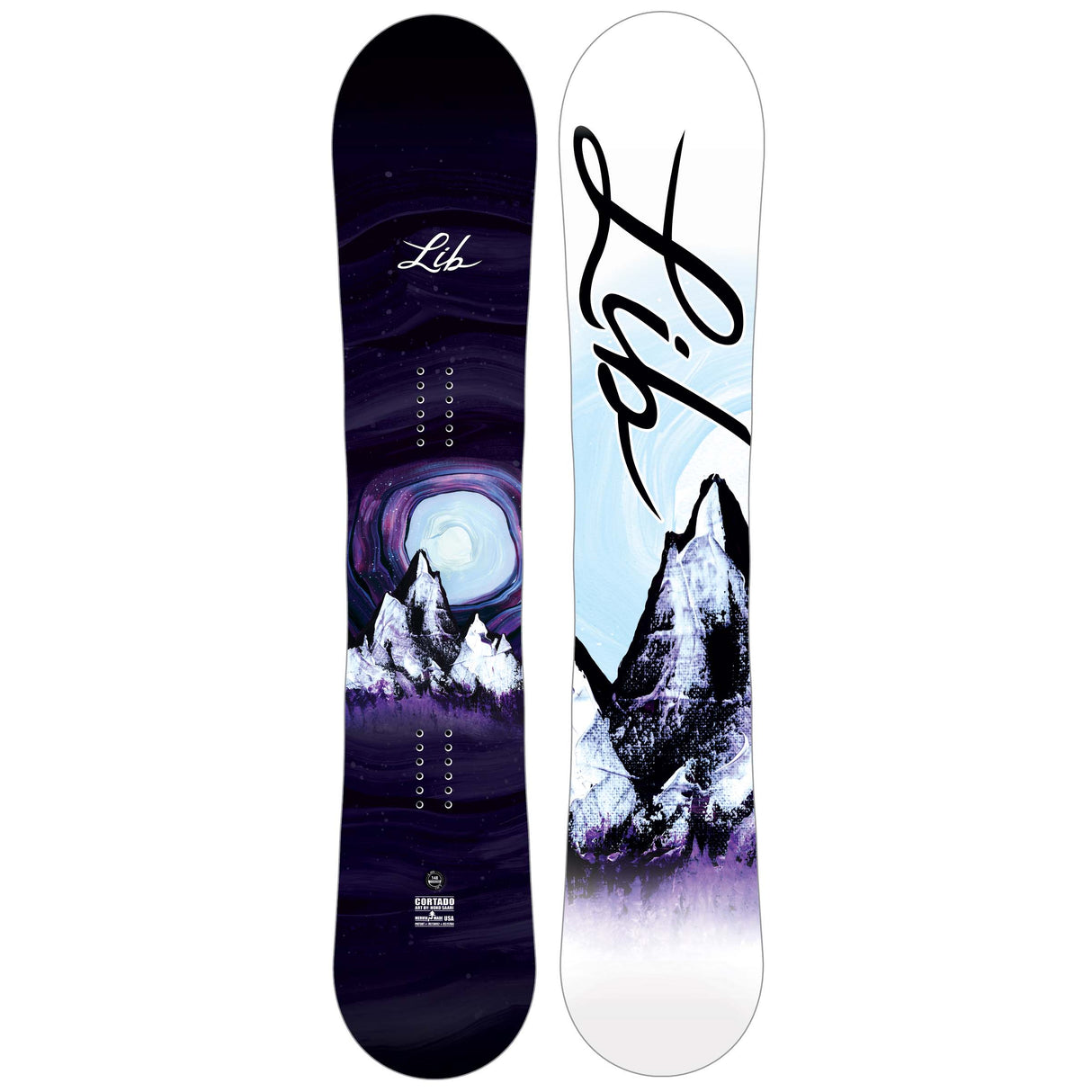 Cortado- Two views of a snowboard with a mountain and moon design, featuring the Lib logo.
