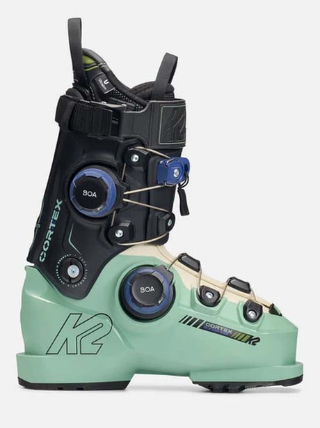 Cortex105ZonalBOA-Green and black ski boot with BOA system on a white background