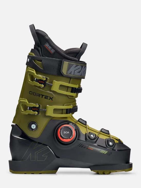 Cortex110BOA-A single ski boot from K2, featuring an olive green and black colorway with a red dial accent on the buckle, set against a plain light gray background.