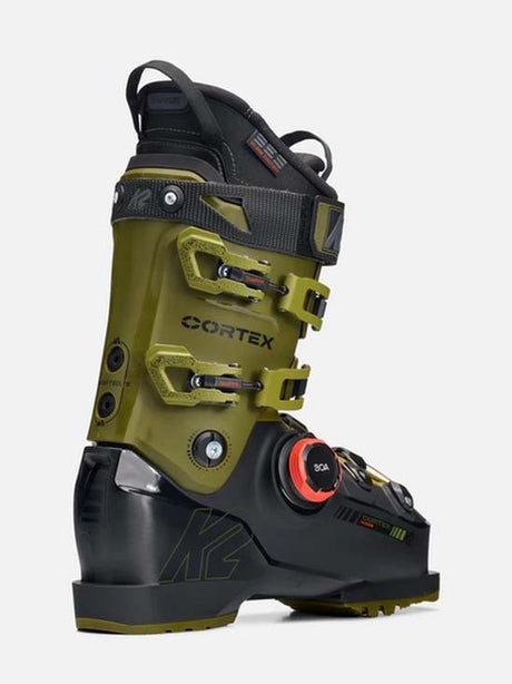 Cortex110BOA-A single ski boot from K2, featuring an olive green and black colorway with a red dial accent on the buckle, set against a plain light gray background.