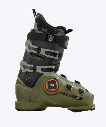 Cortex120BOA-A single ski boot shown in profile against a light gray background. The boot is olive green with black and gray straps and buckles, featuring a prominent red circular dial with '804' on the side.