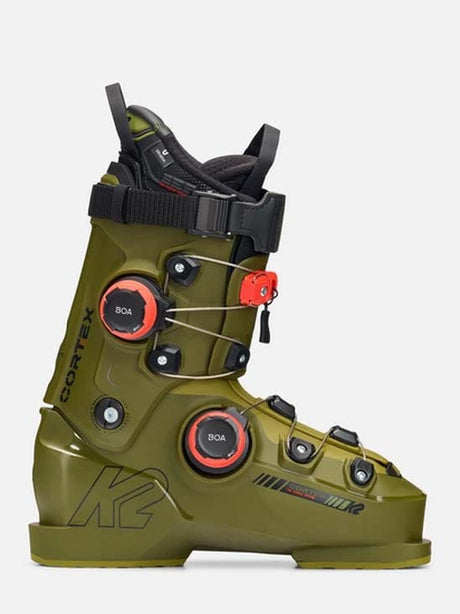 Cortex130ZonalBOA- An olive green ski boot with black straps and red accents on the dial closures, shown from a side profile against a light gray background.