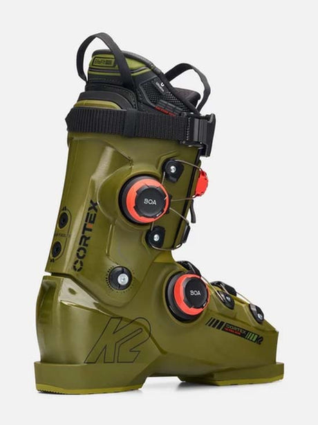Cortex130ZonalBOA- An olive green ski boot with black straps and red accents on the dial closures, shown from a side profile against a light gray background.