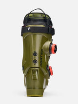 Cortex130ZonalBOA- An olive green ski boot with black straps and red accents on the dial closures, shown from a side profile against a light gray background.