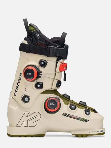 Cortex140ZonalBOA- Beige and green ski boot with K2 branding on a white background