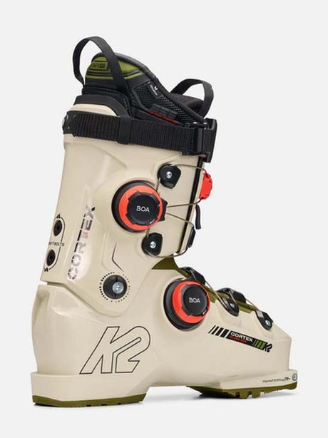 Cortex140ZonalBOA- Beige and green ski boot with K2 branding on a white background