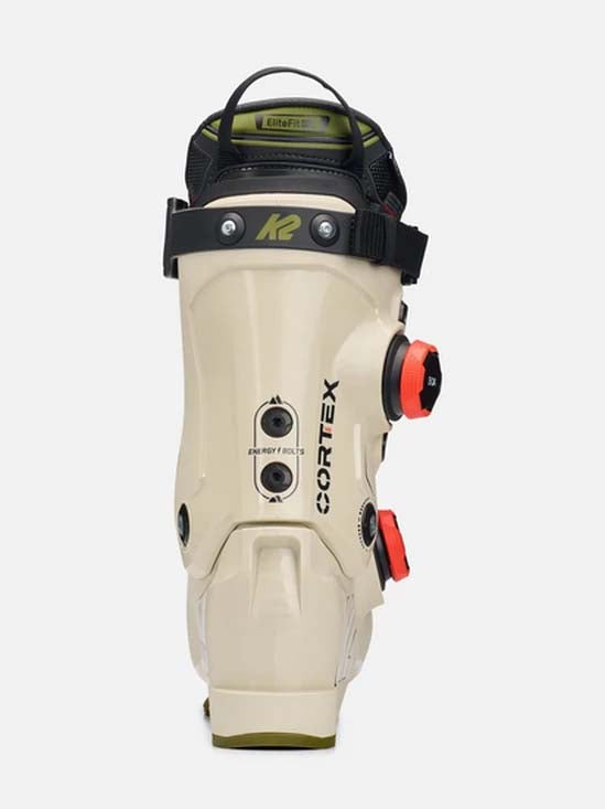 Cortex140ZonalBOA- Beige and green ski boot with K2 branding on a white background