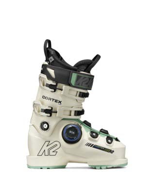 Cortex85BOAW- White ski boot with black and green accents on a white background