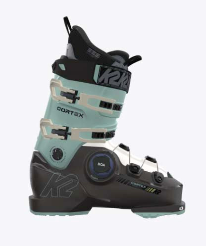 Cortex95BOA- Black and green ski boot with K2 branding on a white background