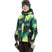 CosmicJacket-A child wearing a vibrant neon green and black patterned ski jacket, a dark green beanie with ski goggles on top, and black snow pants, holding gloves against a plain white background.