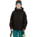 CosmicJacket-A child wearing a black snowboard jacket, teal snow pants, a teal knit beanie with ski goggles on top, and holding black and neon yellow gloves, photographed against a plain white background.