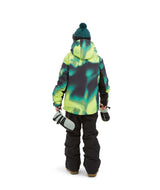 CosmicJacket-A person shown from the back wearing a hooded ski jacket with a neon yellow-green and black tie-dye pattern, black snow pants, a dark teal knit beanie, and holding black and white gloves against a plain white background.
