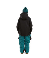 CosmicJacket-A child viewed from behind wearing a black hooded jacket, teal snow pants, a teal knit beanie with a pom-pom, and black gloves, standing against a plain white background.