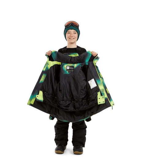CosmicJacket-A person wearing a green beanie and goggles holds up a black snowboard jacket with bright green and yellow camouflage-style accents, shown against a plain white background.