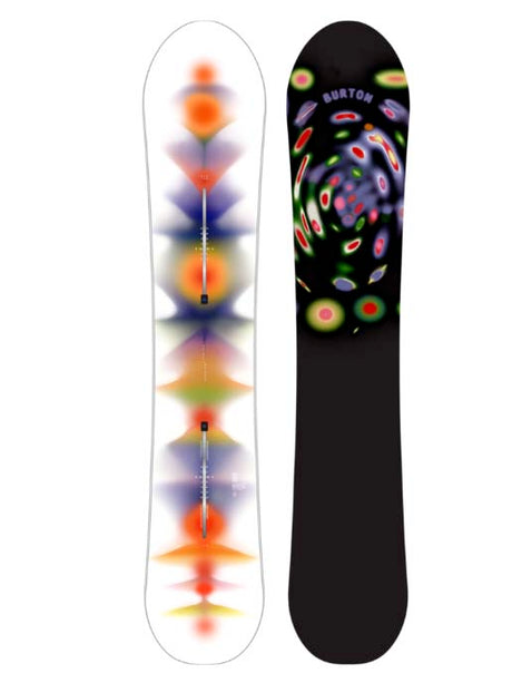 CounterbalanceCamberSnowboard- Two views of a colorful snowboards with abstract designs on a white background