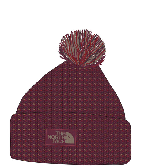 CozyChunkyCabinBeanie-Maroon beanie with pom-pom and The North Face logo on a white background