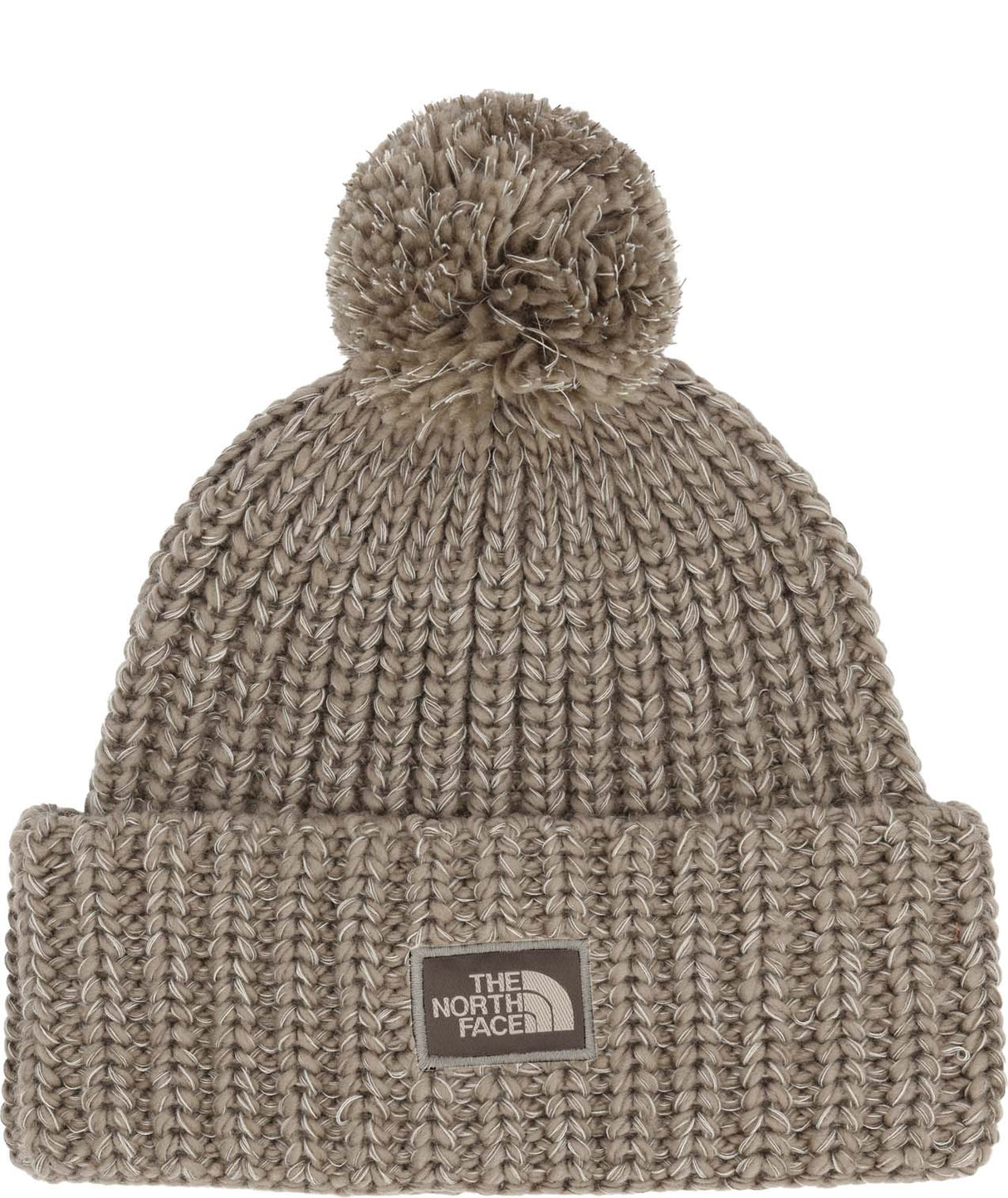 CozyChunkyCabinBeanie-Beige knit beanie with pom-pom and The North Face logo on a white background
