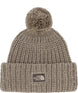 CozyChunkyCabinBeanie-Beige knit beanie with pom-pom and The North Face logo on a white background