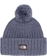 CozyChunkyCabinBeanie-Purple knit beanie with pom-pom and The North Face logo on a white background