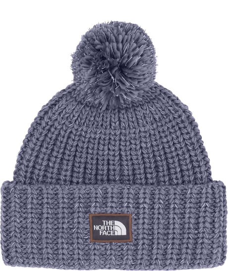 CozyChunkyCabinBeanie-Purple knit beanie with pom-pom and The North Face logo on a white background
