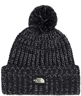CozyChunkyCabinBeanie-Black knit beanie with pom-pom and The North Face logo on a white background