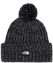 CozyChunkyCabinBeanie-Black knit beanie with pom-pom and The North Face logo on a white background