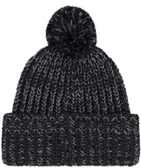 CozyChunkyCabinBeanie-Black knit beanie with pom-pom and The North Face logo on a white background