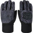 CrossfireShortGlove-A pair of dark gray and black ski gloves with a textured, abstract pattern on the backs and palms, featuring the Dakine brand logo.