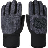CrossfireShortGlove-A pair of dark gray and black ski gloves with a textured, abstract pattern on the backs and palms, featuring the Dakine brand logo.