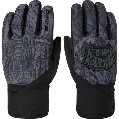 CrossfireShortGlove-A pair of dark gray and black ski gloves with a textured, abstract pattern on the backs and palms, featuring the Dakine brand logo.