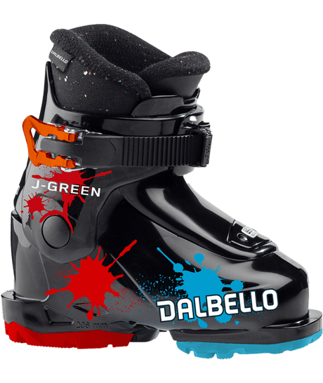 J Green 1.0-Black ski boot with red and blue splashes and 'Dalbello' branding on a transparent background