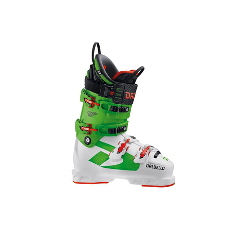 DRSWCXS- A Dalbello ski boot in white, green, and black, featuring red accents on the laces and outsole, shown against a plain white background.