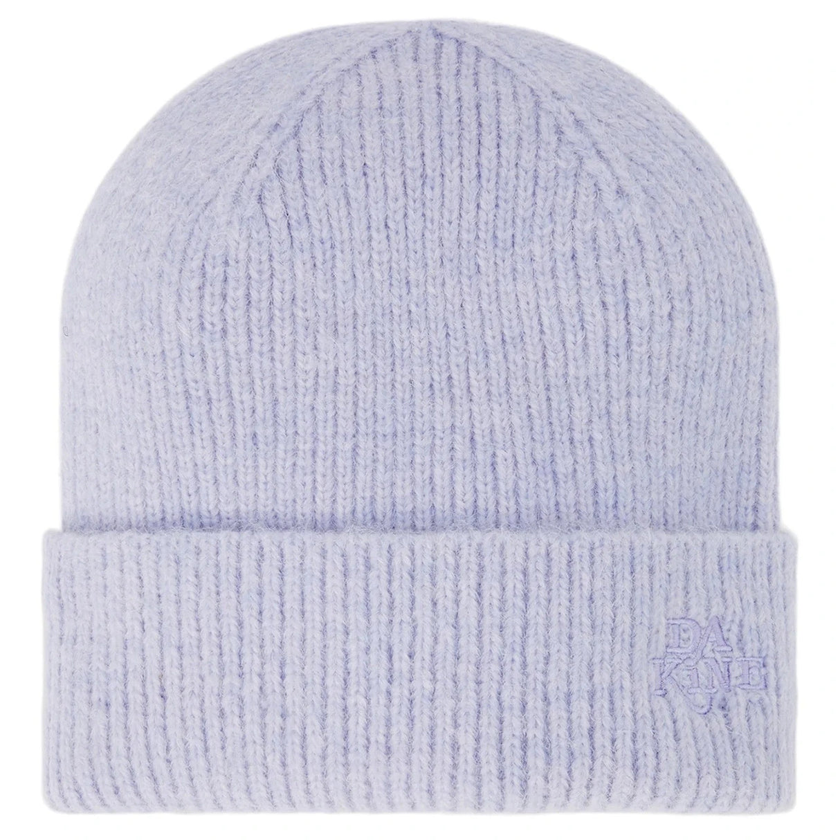 DakinePaigeBeanie-A light lavender ribbed knit beanie hat with a folded cuff and a small embroidered logo on the side, shown against a plain white background.